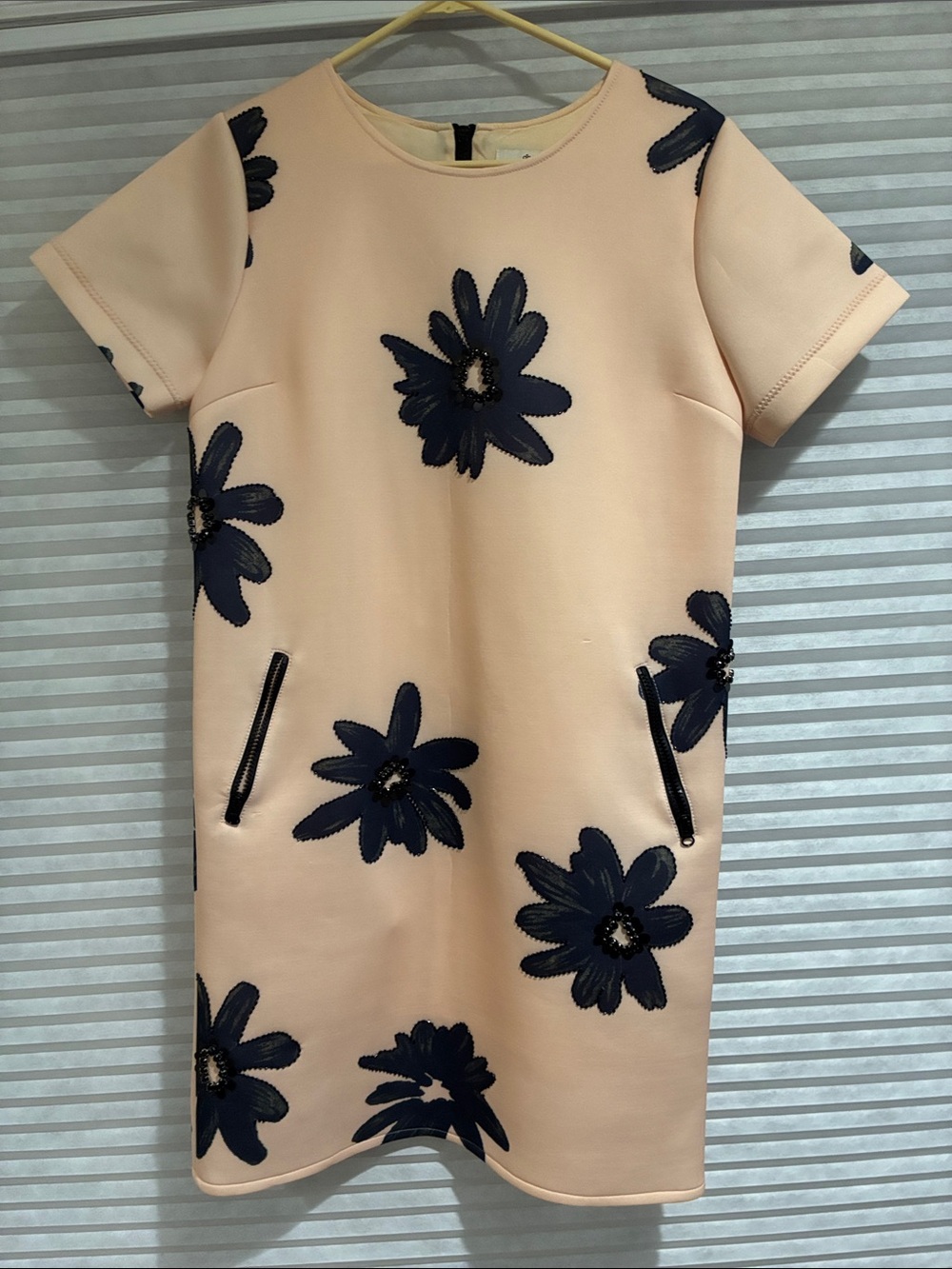 Peach Mini Dress with Navy Floral Appliqué
